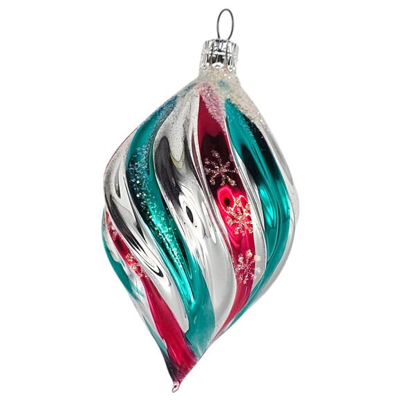 Vtg Czechoslovakian Blown Glass Christmas Ornament Teardrop Swirl Design Glitter - Picture 3 of 6